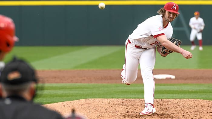 Arkansas Razorbacks relief pitcher Koty Frank throws a pitch in the second inning against Illinois State on Wednesday afternoon.